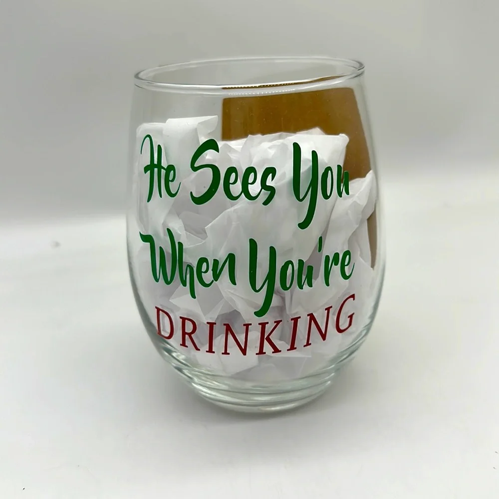 Christmas Stemless Wine Glass “He See’s You When Your Drinking” (NEW) - Picture 1 of 6